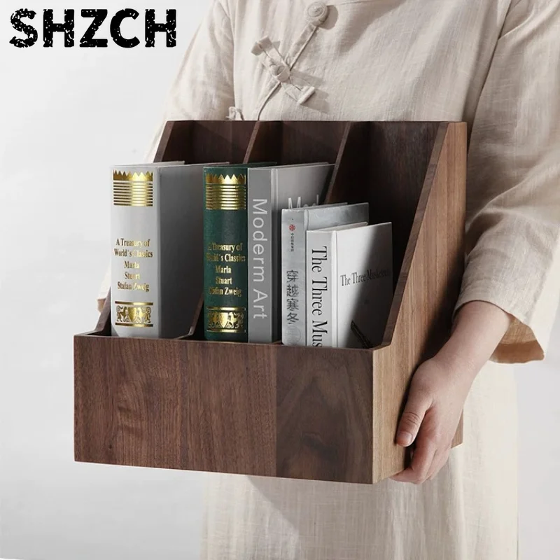 Solid Wood Magazine Rack Modern Minimalist File Organizer For Home Multi Compartment Book Document Storage Shelf