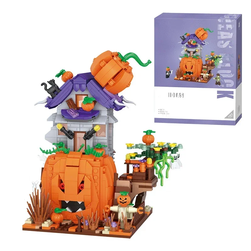 Blocos de Construção de Desenhos Animados para Crianças, Modelo de Casa Abóbora, Bonito Halloween Gift, Brinquedo Educativo, Decoração