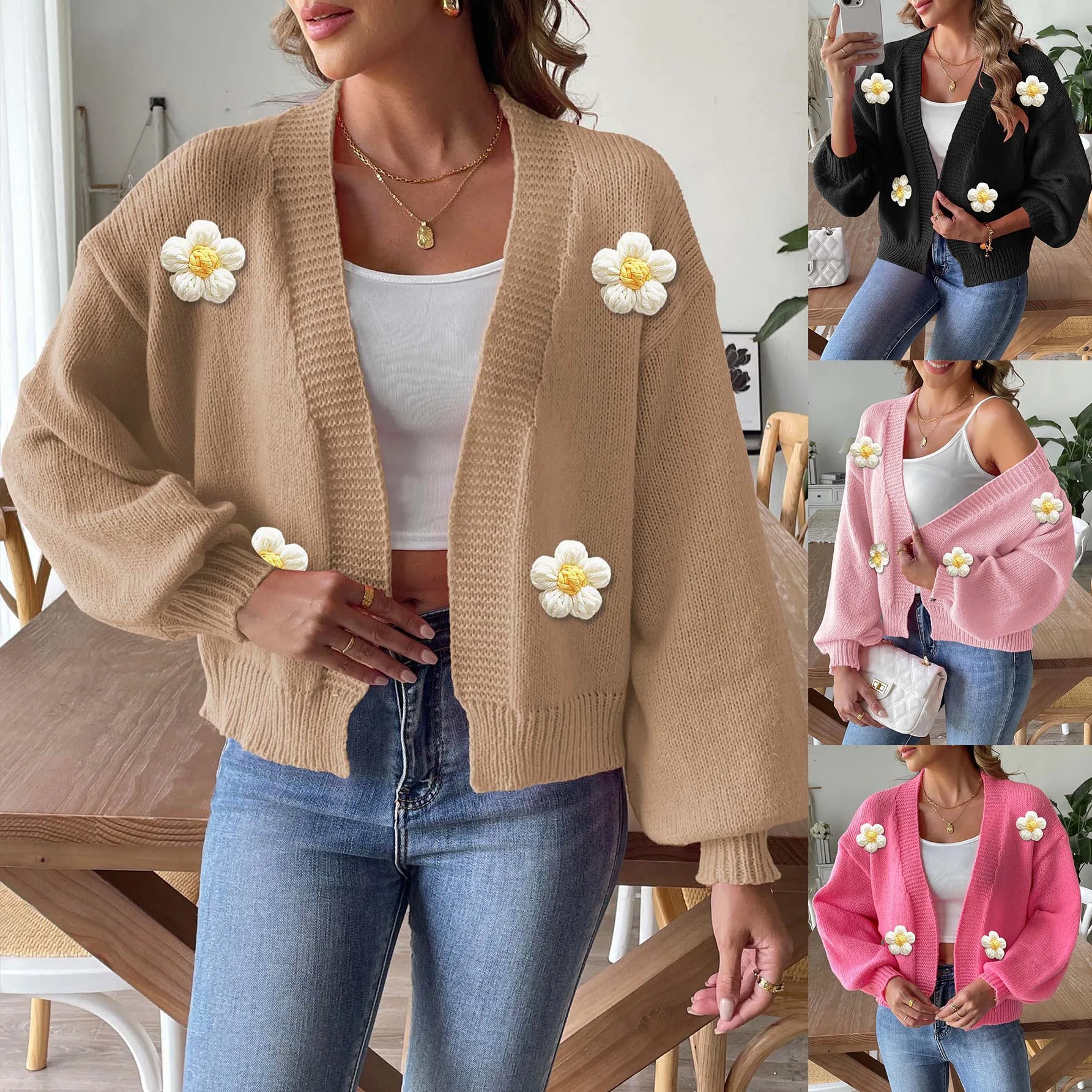 

Women Cardigan Sweater Coat Flower Knitted Jacket V Neck Lantern Sleeve Knitwear 2025 Autumn Winter Casual Knitting Outerwear