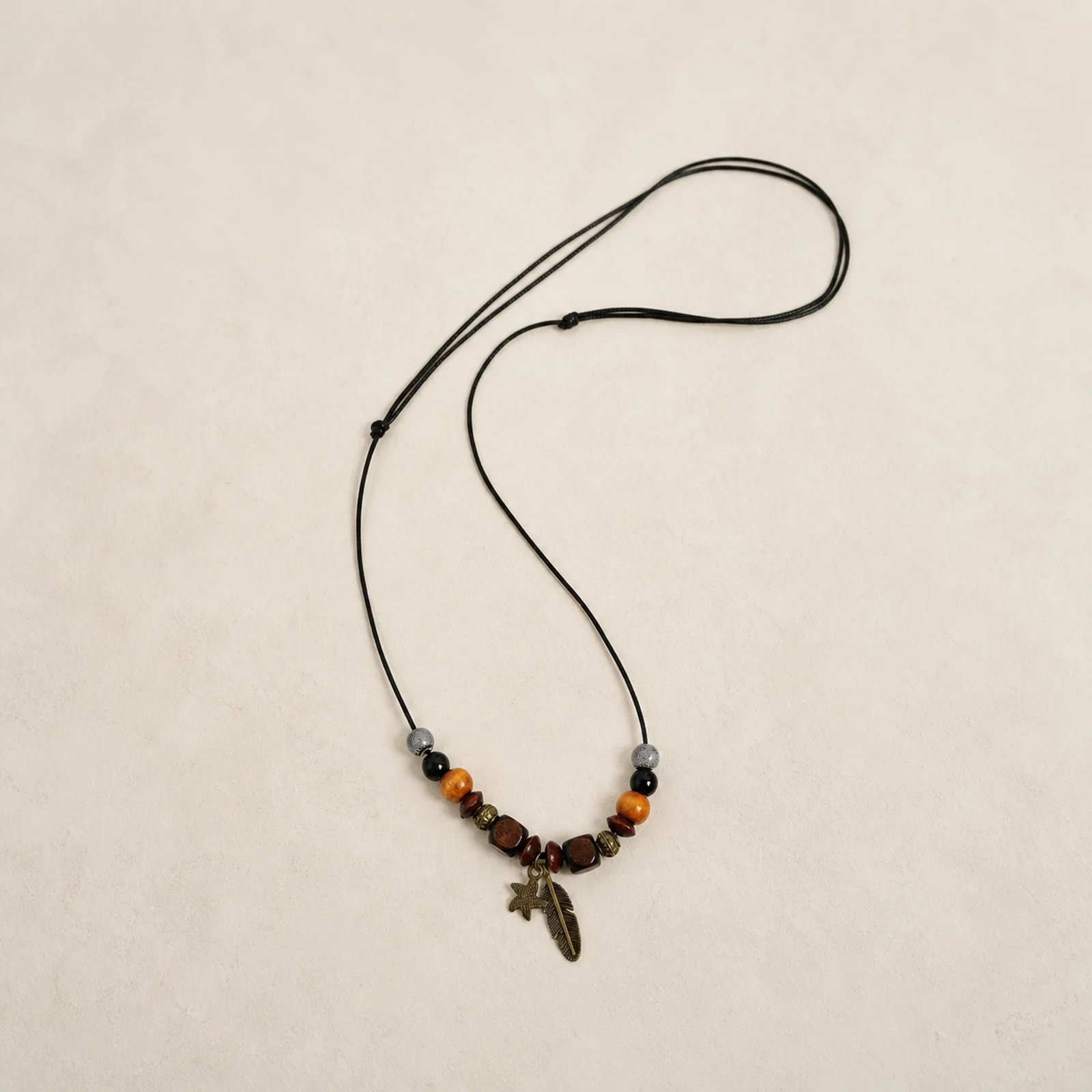 Handmade Ceramic Bead Feather Necklace with Waxed Cord,Wood and Metal Accents,Adjustable Hand-Braided Design 608P9-10