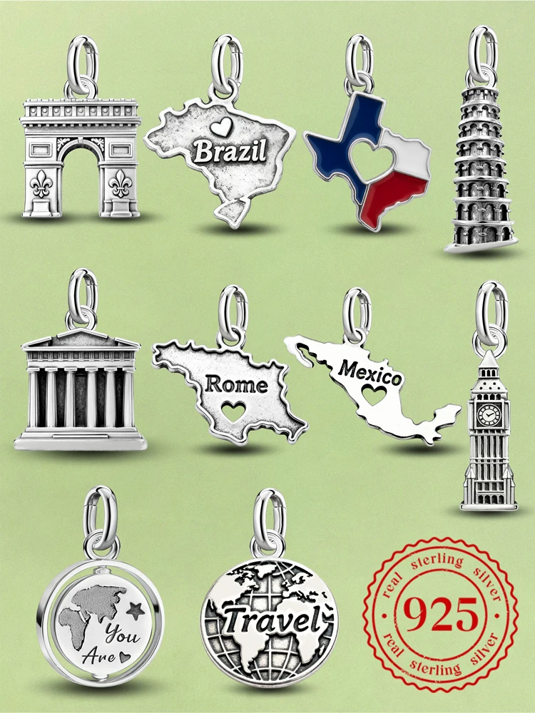 Adjustable 925 Sterling Silver  Vintage Pendants Globe National Map Charms Beads Fit Original Bracelet Necklace DIY Jewelry