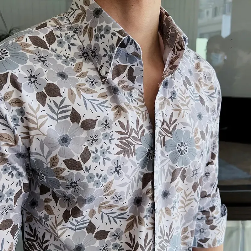 French Big Collar Shirt Men Long Sleeve Ice Silk Printed Blouse Casual Menswear