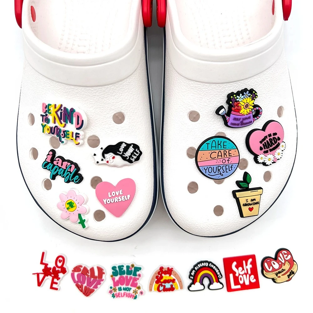 16Pcs/set Cartoon love yourself Shoe Charms DIY Hole Shoes Detachable Buckle Garden Shoes Accessories Girls Women Festival Gift