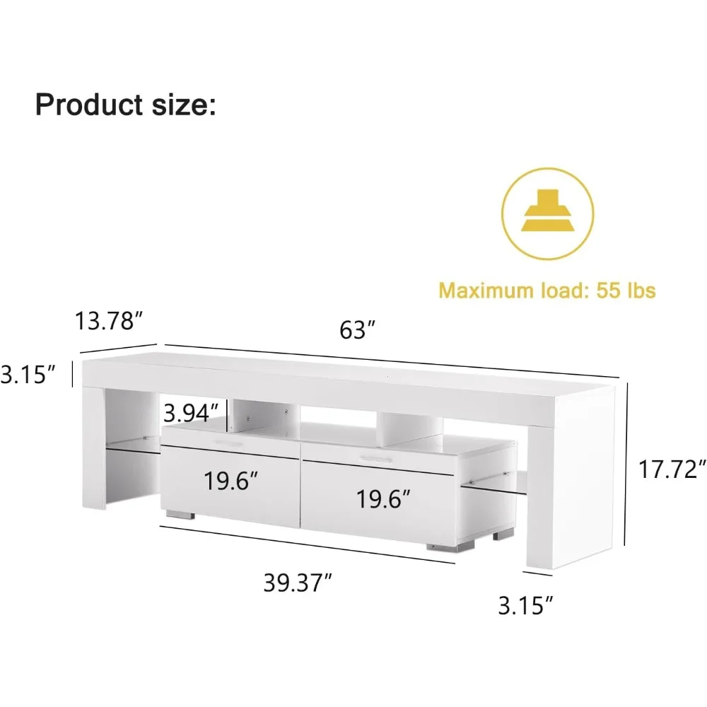 LED TV Stand for 75 Inch TVs, High Gloss Entertainment Center with Storage Drawer, Living Room Console Table, Bedroom Media Furn