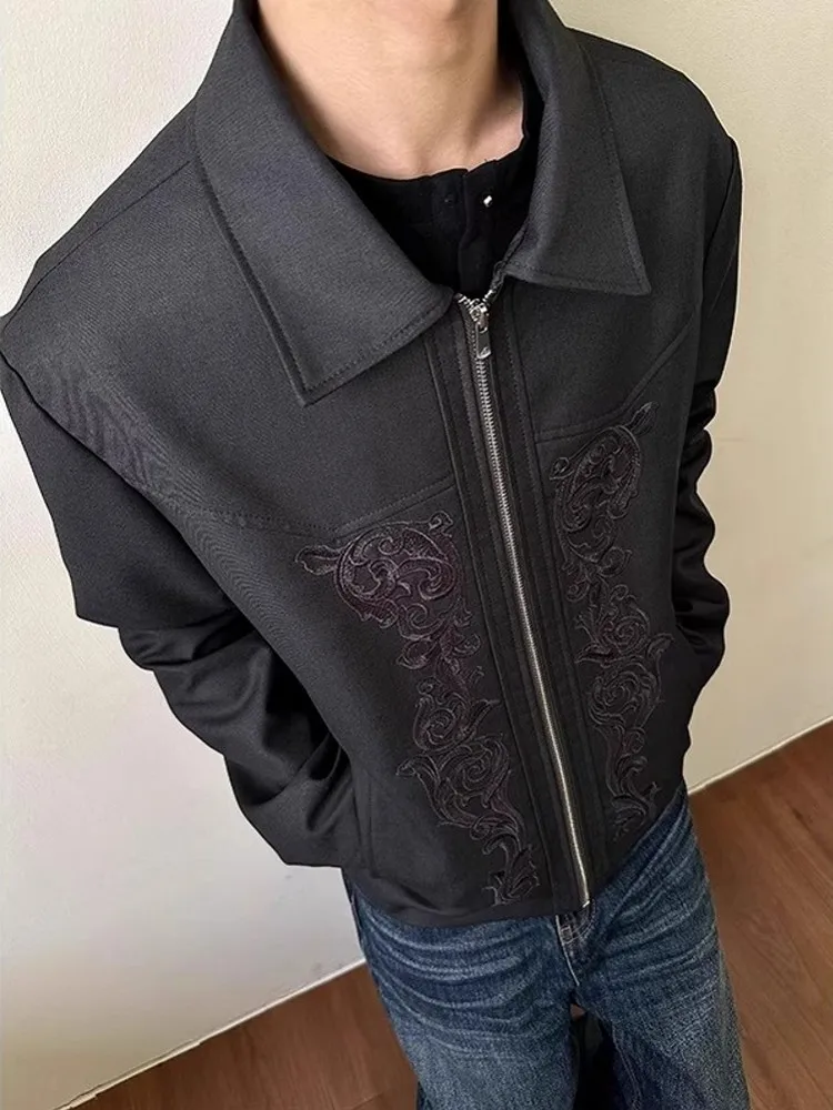 Men Embroidery Pattern Black Turndown Collar Jacket Youthful Vitality Spring Zipper Handsome Loose Jackets Casual Coat Outerwear