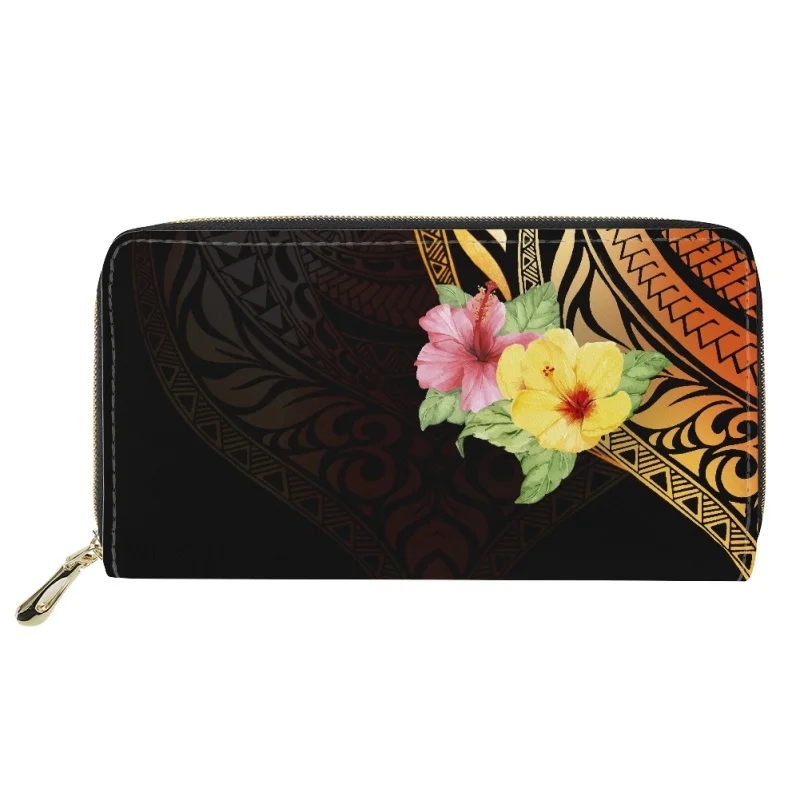 HYCOOL Dropship Women PU Leather Wallets Purses Long Clutch Money Custom Polysian Floral Print Coin Credit Card Holder Case