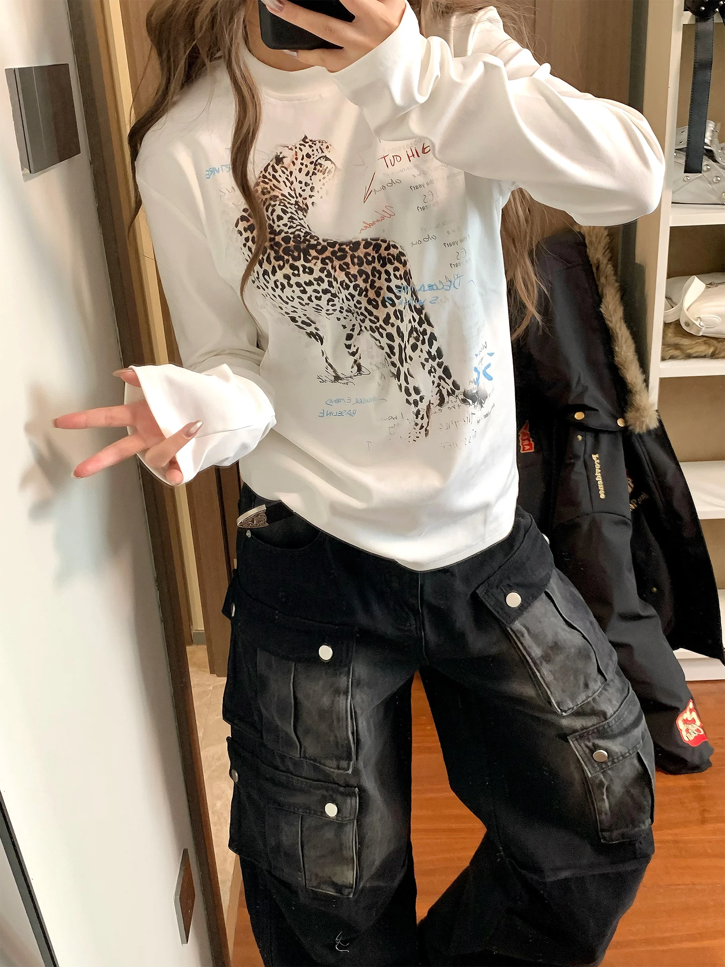 

Milione American Retro Leopard Print Long Sve Cotton Jaet Women Commute Straight Loose Versatile Top Casual Sle Printe...