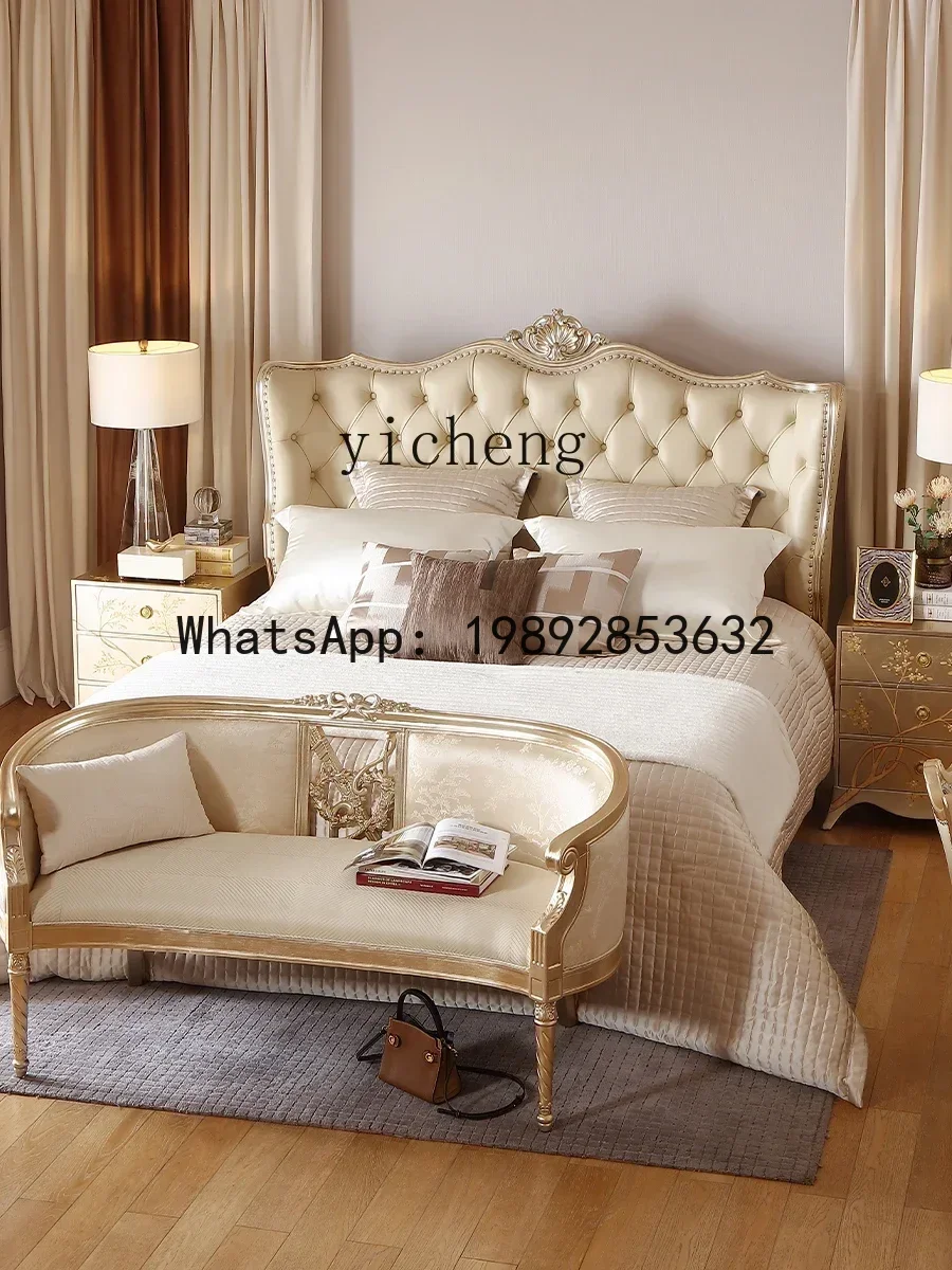 leather solid wood queen bed palace retro master bedroom double princess bed 1.8 meters wedding bed