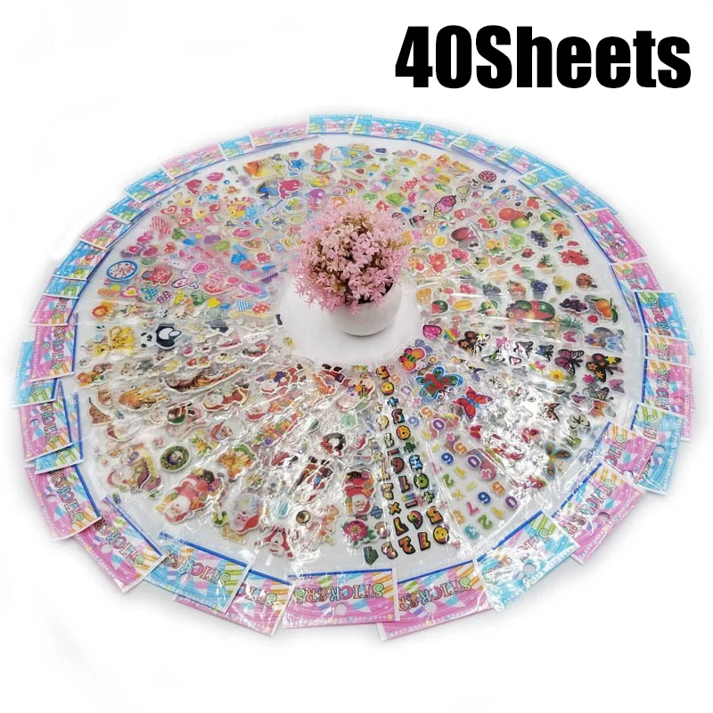 40 Fogli/Pacco Adesivi 3D a Bolle Assortiti con Stili Cartoon Carini, Animali, Veicoli, Cuori, Fiori, Premi per la Classe, Regali per Feste ZYF