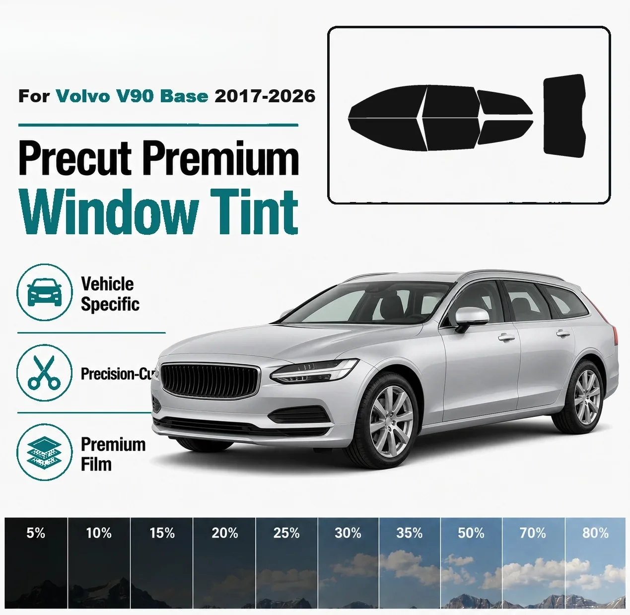 For Volvo V90 Base 2017-2026 Pre-Cut Window Tint Film Vehicle-Specific Full Kit Front & Rear Windows Precision-Cut