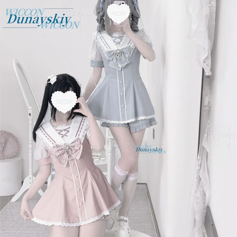 Sailor Collar Dress Set Lace Bow Short Sleeve Jirai Kei Original Japanese Sweet Lolita Mini Skirt Suit Summer Daily Cute Color view 6