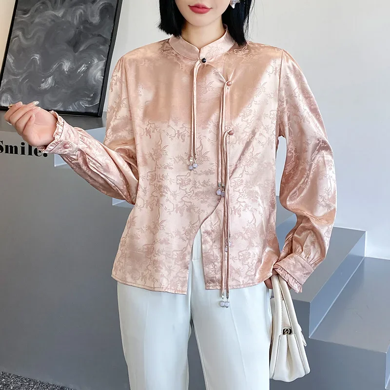 Chinese Style Improved Hanfu Jacquard Shirt for Women Retro Stand Collar Long Sleeves Elegant Pink White Slim Lace-up Top