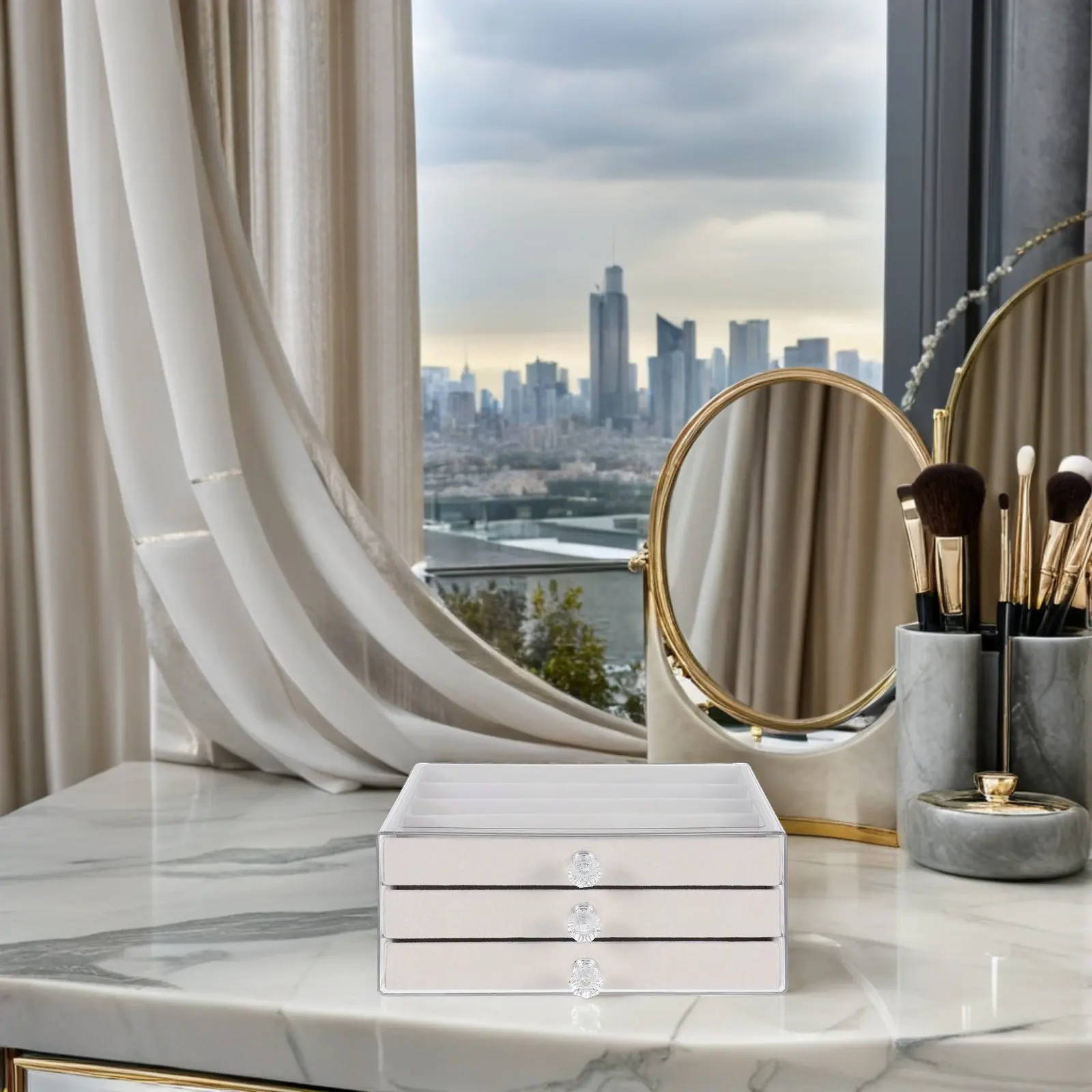 

Современный органайзер для украшений с выдвижными ящиками, пылезащитный, для хранения ожерелий, браслетов, жемчуга, бусин, компактный, для стола и туалетного столика