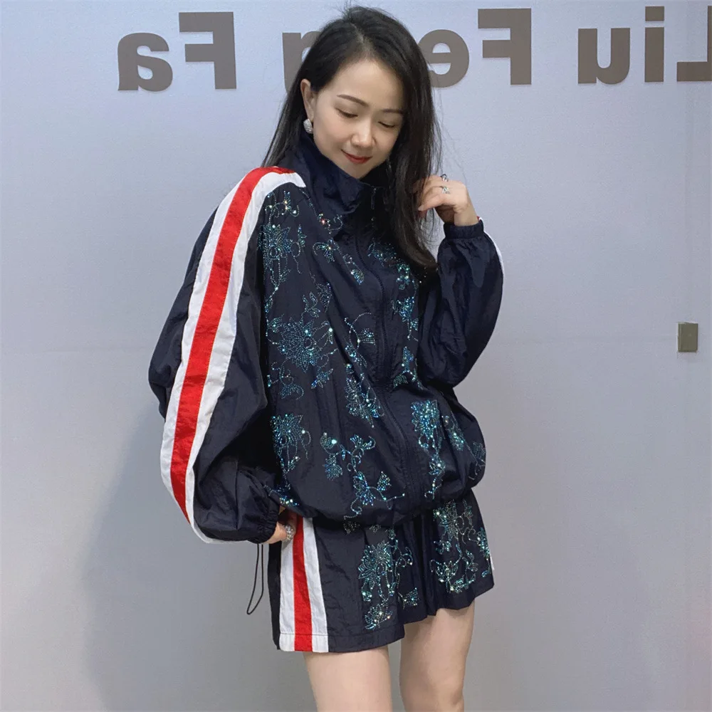 

Woman Drilling Flowers Stand Collar Jacket Summer Sunscreen Diamonds Coat Zipper Cardigan Sportswear Tops+Sequin Shorts 2Pcs Set