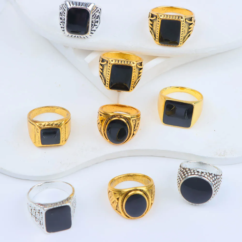 10Pcs/Lot Vintage Retro Punk Black Square Rings For Men Women Ancient Unique Skull Skeleton Party Jewelry Party Gifts Mix Styles