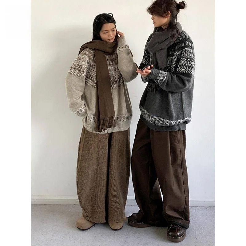 Lazy Couple Knitted Sweater Set Men's Women's Two-Piece Autumn Long Sleeve Long Pants Polyester Blend Comfortable Retro Style view 4