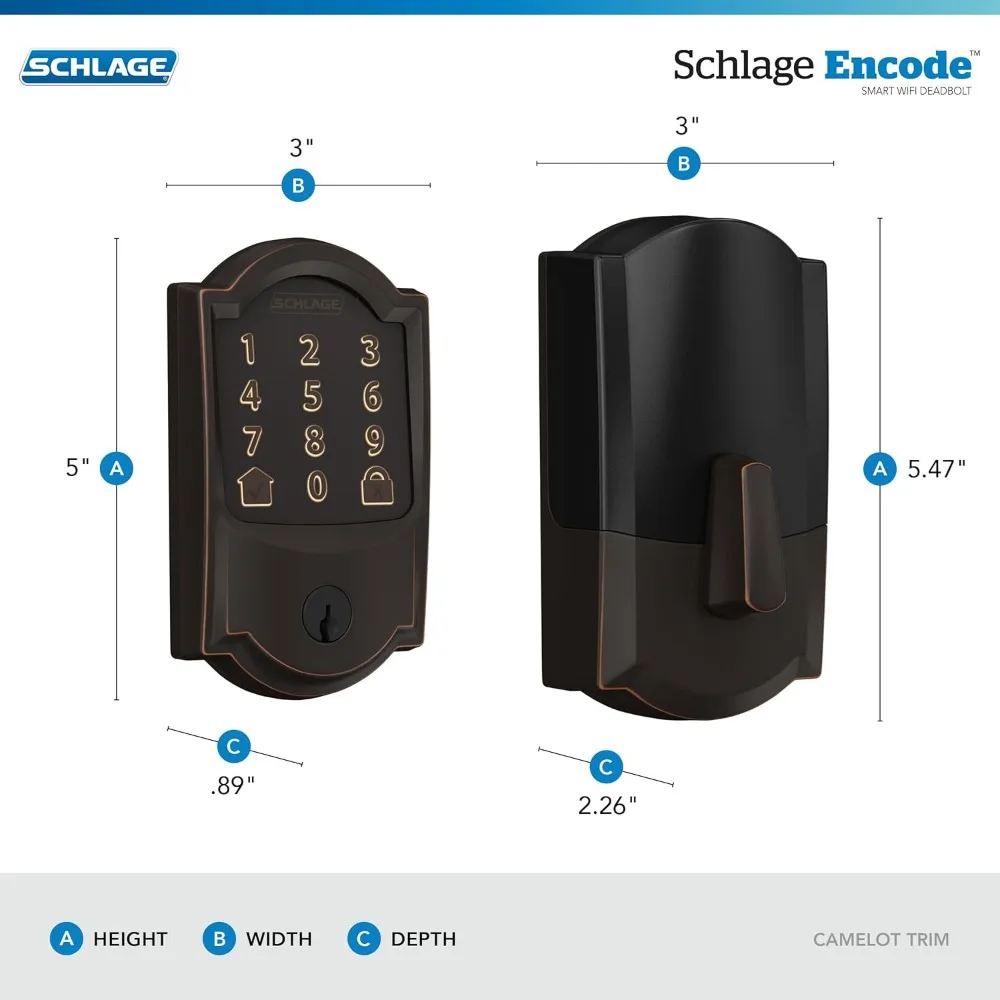 Smart Wi-Fi Deadbolt avec garniture Camelot en bronze vieilli