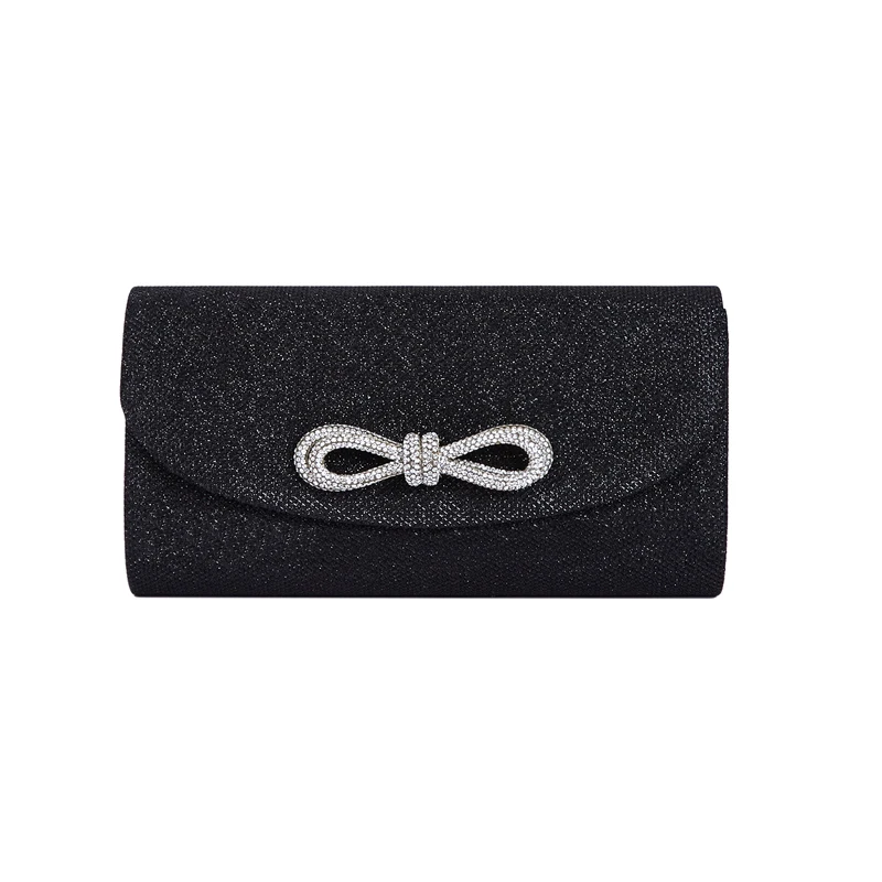 

Women's Evening Bag Black Clutch Bag Long Square Magnetic Buckle Purse with Rhinestone Bow Party Chain Shoulder Bag