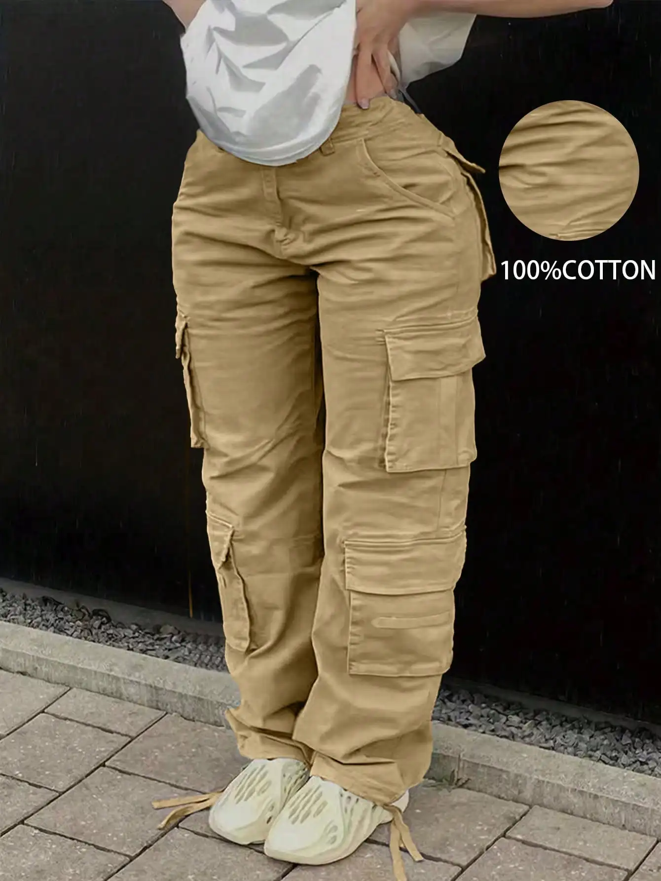 

Брюки карго цвета хаки для женщин больших размеров — свободный крой, множество карманов, 100% хлопок, повседневные брюки