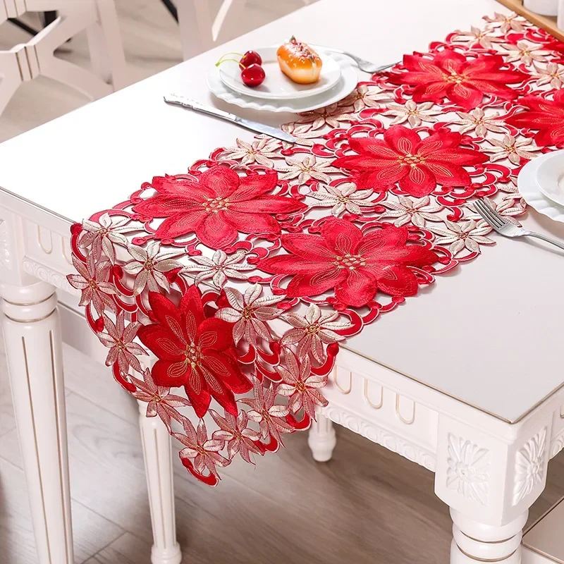 Elegant Satin Embroidery Christmas Bed Table Runner Lace Tablecloth For Wedding Party Decoration Vintage Floral Home Decor