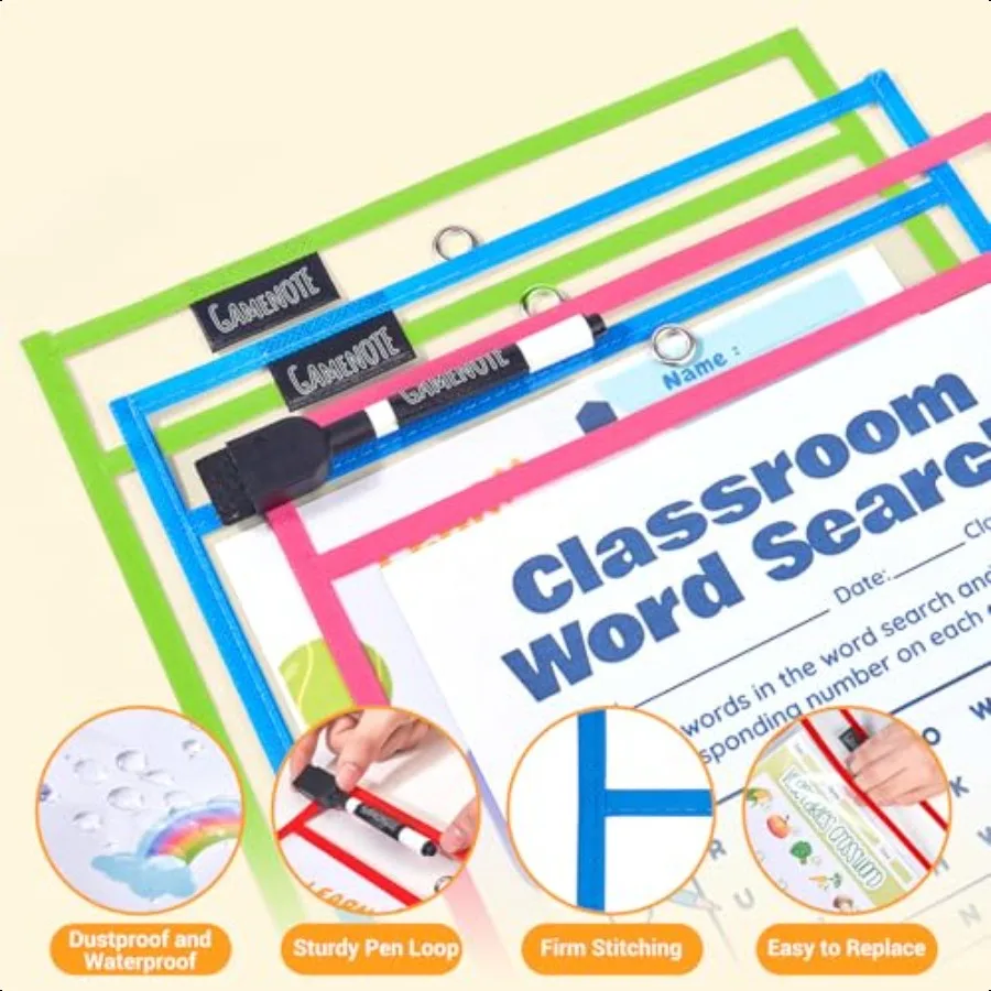 30 عبوة من جيوب المسح الجاف مع 5 حلقات و10 ألوان متنوعة 10 × 14 أكمام بلاستيكية كبيرة الحجم قابلة لإعادة الاستخدام واقيات الورق الشفافة للتعليم