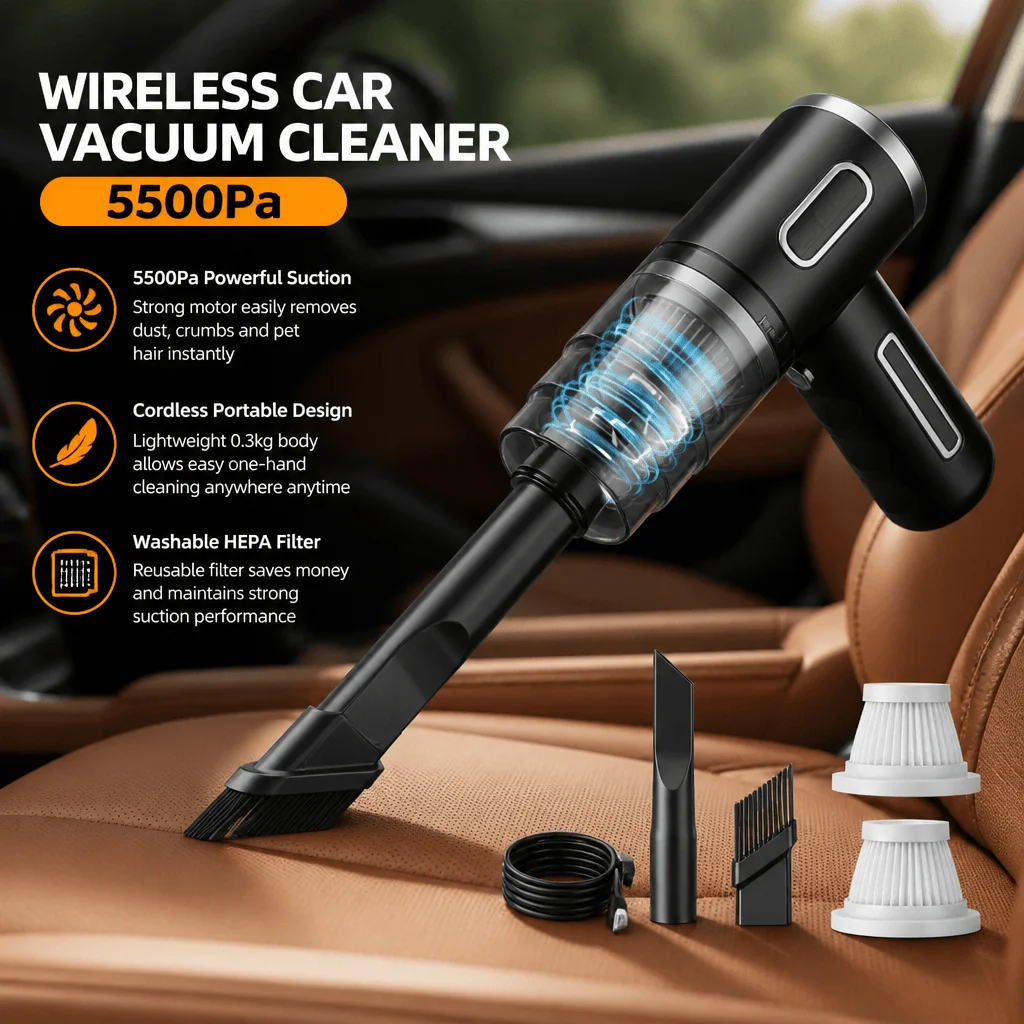Handheld Vacuum Cleaner Cordless Car Vacuum 5500Pa High Power Strong Suction Wireless Wet Dry Dual Use USB Type-C Rechargeable Portable Mini Auto Cleaning Tool With Washable HEPA Filter For Car Home Office Pet Hair Lightweight Small Dust Buster