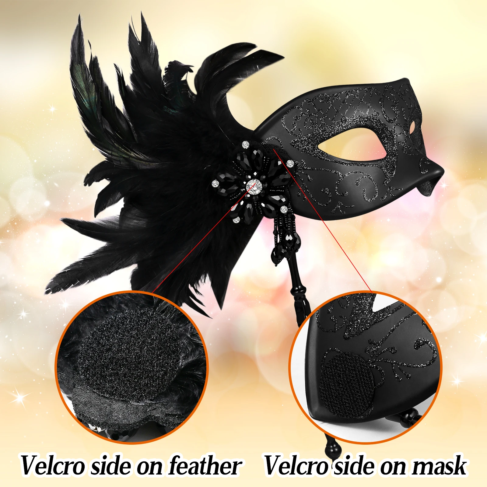 Feathered Masquerade Mask with Handle for Women Venice Halloween Costume Accessory Black Carnival Party Dance Event Mask