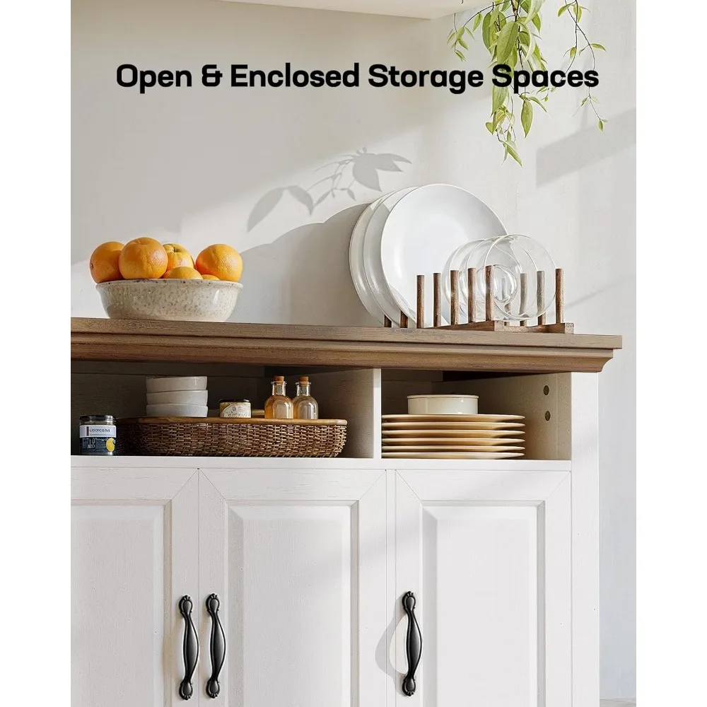 خزانة بوفيه مع مساحة تخزين، خزانة تخزين جانبية كبيرة مقاس 55 بوصة مع أرفف قابلة للتعديل، 4 أبواب، بار قهوة حديث للمزرعة