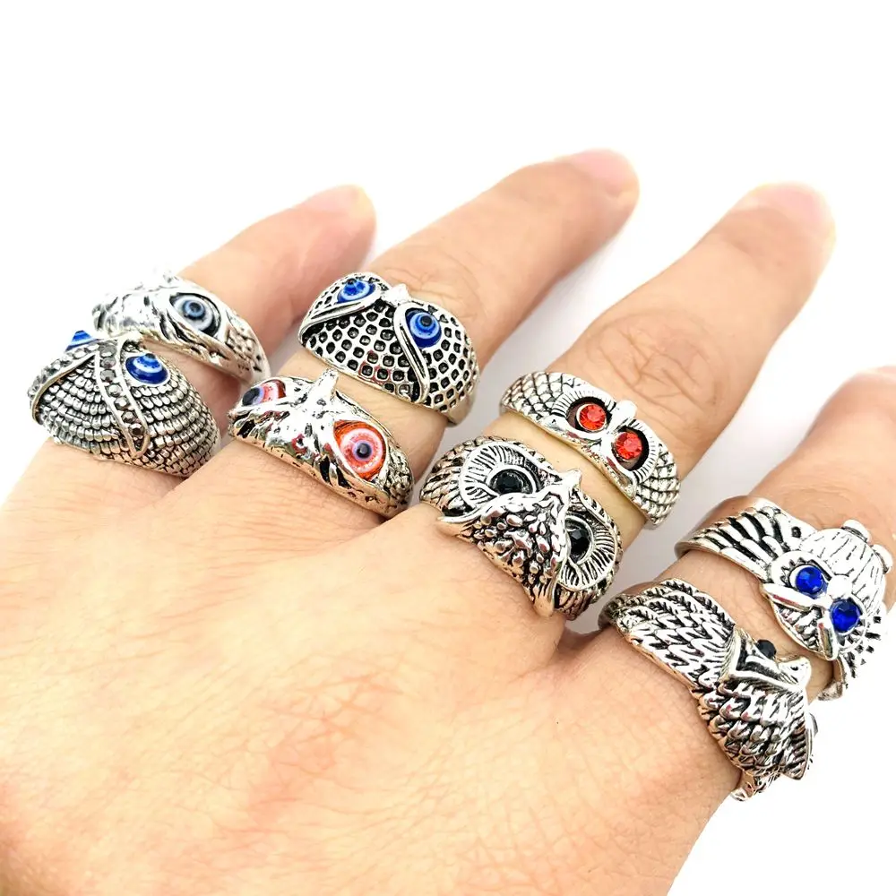Mixmax-خواتم بومة عتيقة للرجال والنساء ، مجوهرات حفلات البانك ، عيون متعددة الألوان ، نمط فضي ، تصميم الأزياء ، 20
