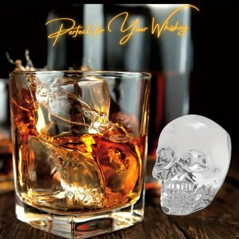 Halloween Party Ice Cube Mold - 3D Skull Shape Food Grade Silicone Tray 4/6 Cavity for Whiskey Cocktail, Spooky Baking Chocolate
