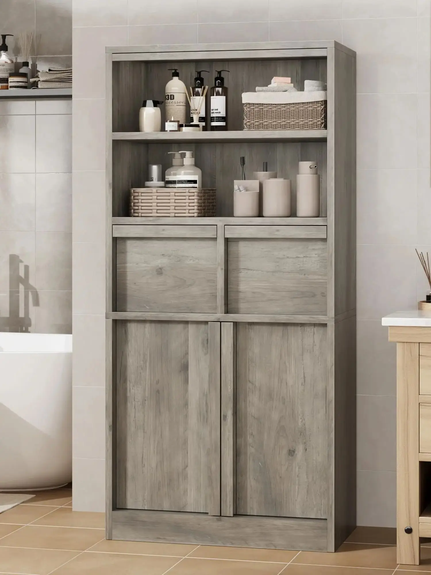 Tall Storage Cabinet, Freestanding Buffet Cabinet with Drawers, Doors, and Adjustable Shelves, Multipurpose Organizer