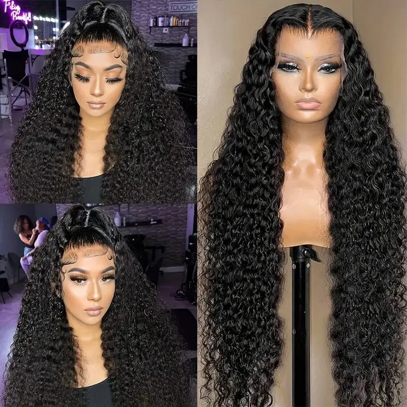 13x6 HD Lace Front Natural Black High Quality Glueless 36 Inch Deep Wave Human Hair Curls Wig for Women 180 Density