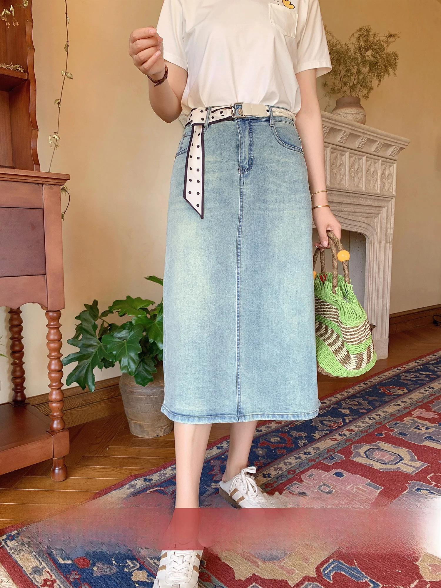 

Blue Ribbon Design Slimming Split Ba Straight Leg Jeans Skirt mid Waist Cotton Ci Commute Pure Color Retro Sle Skirt