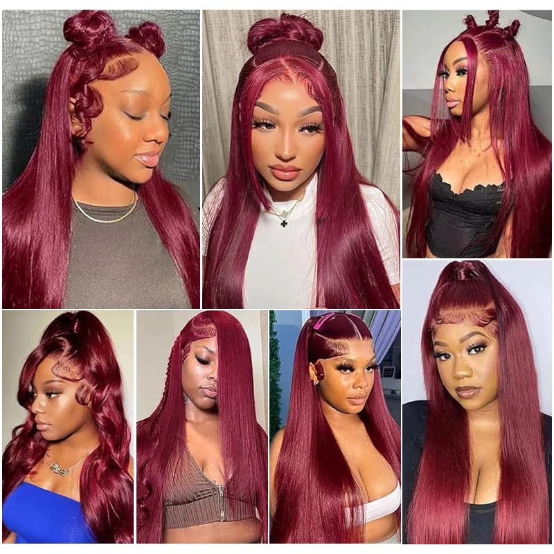Burgundy 99J Straight Lace Front Human Hair Wigs 13x4 13x6 Red Pre Plucked Lace Frontal Wig 99J Colored 200% Human Hair Wig