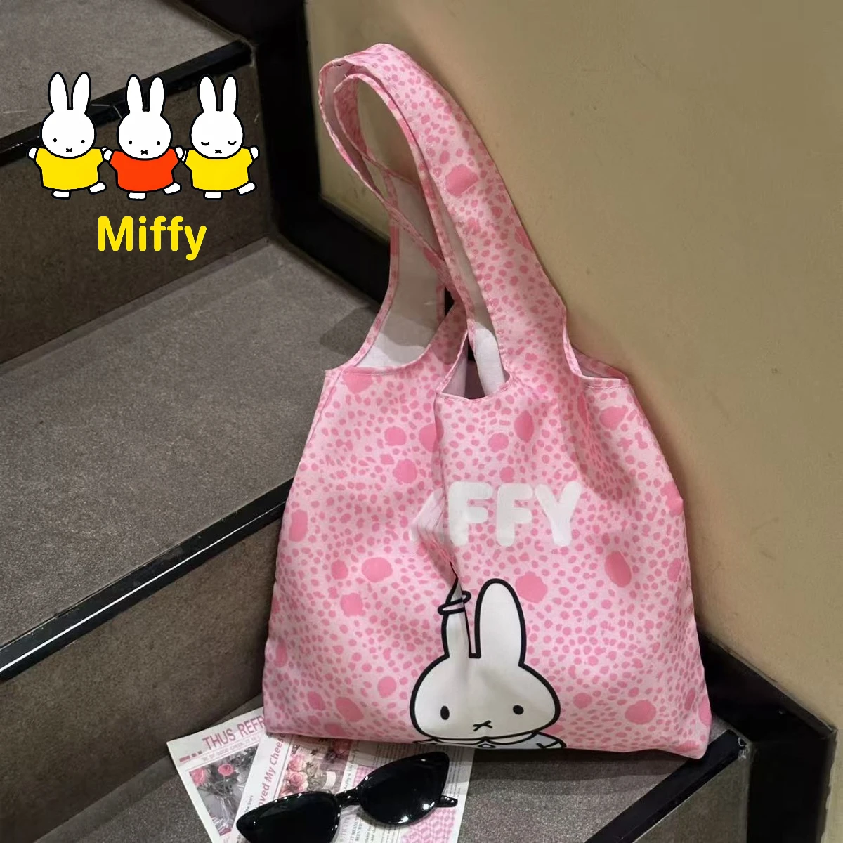 

Kawaii Miffy Tote Bag Cute Cartoon Pink Miffy Large Capacity Crossbody Bag Soft Pink Leopard Print Bag High QualityBag