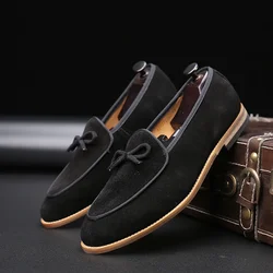 Men's Casual Shoes Suede Genuine Leather Men Trendy Bowknot Party Wedding Loafers Moccasins Mens Driving Flats