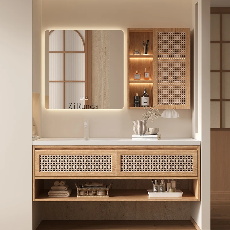 Wabi Sabi Wind Log Color Rattan giapponese Rovere rosso Mobiletto da bagno Combinazione WC con lavabo integrato in ceramica