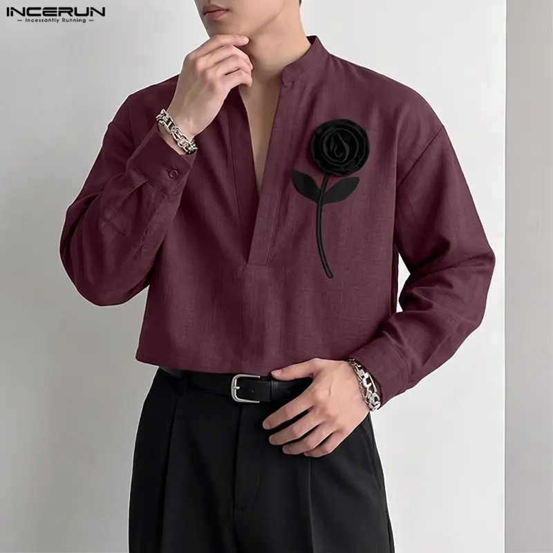 Stylish Men's Shirt Flower Patchwork Deep V Neck Long Sleeve Loose Men Clothes Streetwear 2026 Casual Crop Tops For Man INCERUN
