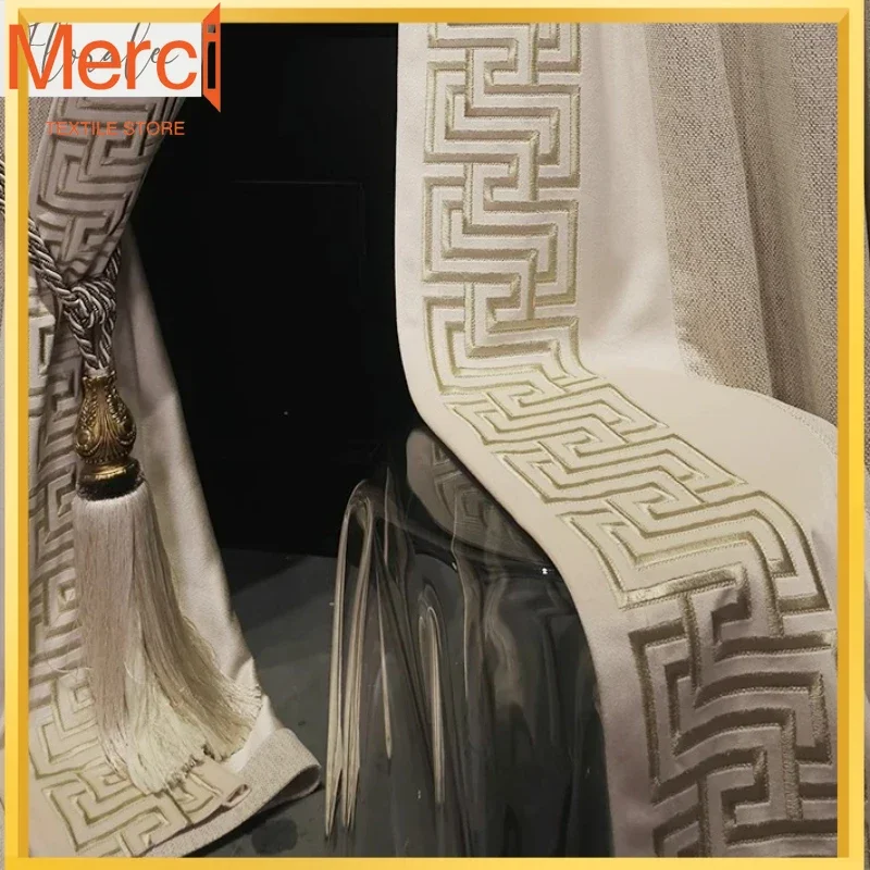 New Chinese Curtains For Living Room Villa Light Luxury High-end Bedroom Blackout Curtains Beige Italian High-end Custom Tulle