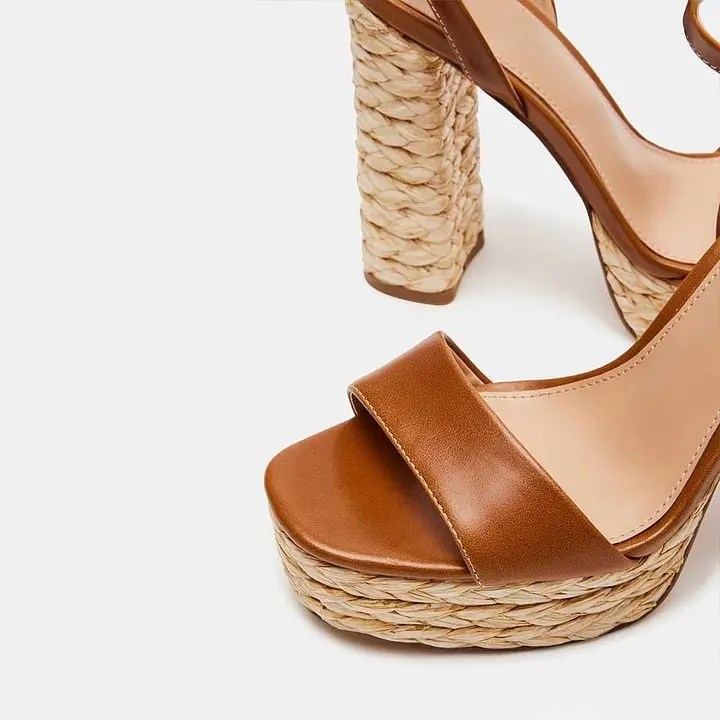 

Brown & Beige Woven Platform Block Heel Sandals with Ankle Strap