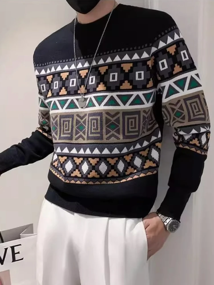 Men's Ethnic Geometric Jacquard Sweater Vintage Color Block Slim Fit Crew Neck Knit Streetwear Spring Fall Plaid Base Layer
