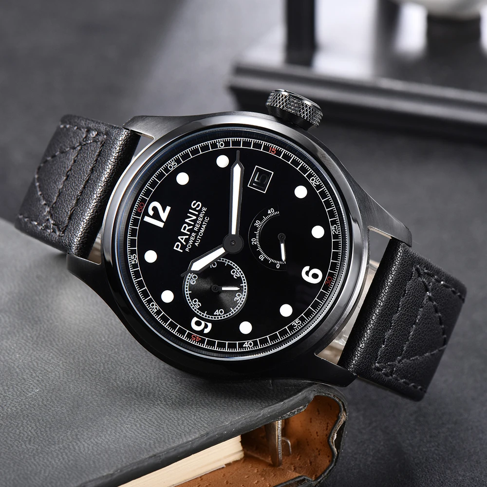 New Fashion Parnis 46.5mm Black Automatic Men Watch Power Reserve Calendar Mechanical Men\'s Watches Luxury 2023 Man Gift Clock