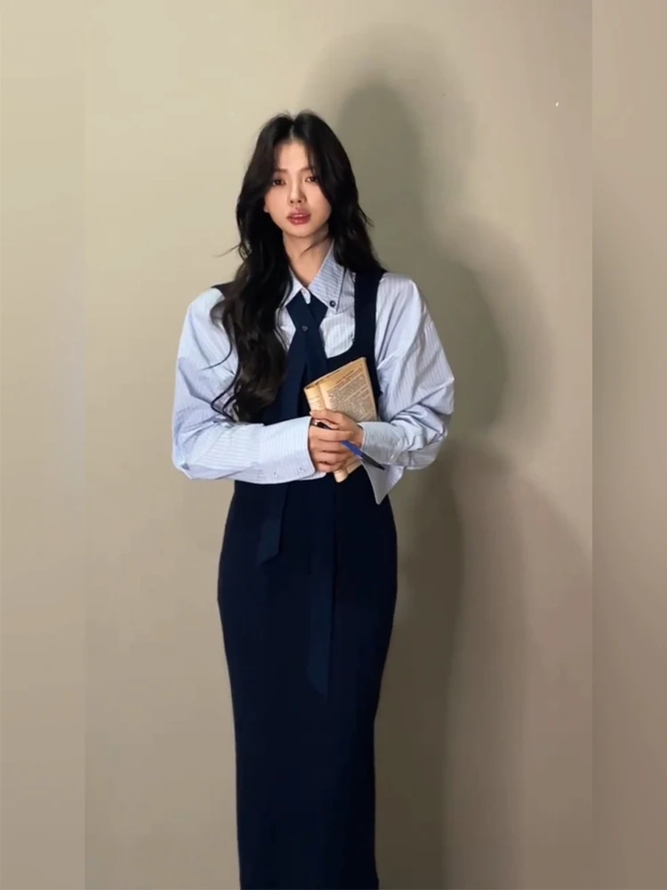 

plus Size College Style Striped Shirt Top Women's Autumn Winter Plump MM Pure Desire Strap Dress Slimming Set Bubble Sleeve
