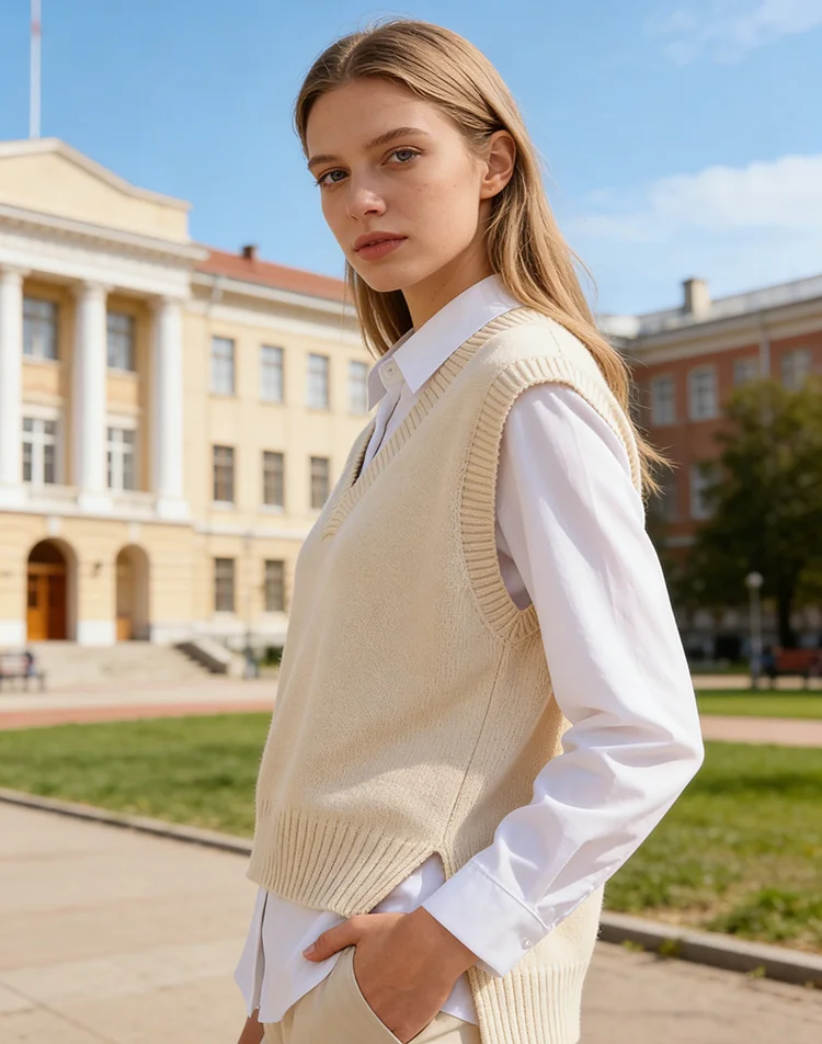 

Жилеты в консервативном стиле, жилеты для женщин, красивые вязаные школьные студенческие шерстяные жилеты с разрезом по бокам, на открытом воздухе, с v-образным вырезом, молодой шик, простые