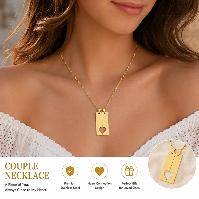 Couple Heart Matching Necklaces Set Engraved Stainless Steel Split Heart Pendant Personalized Name Necklace Lovers Friends Gift