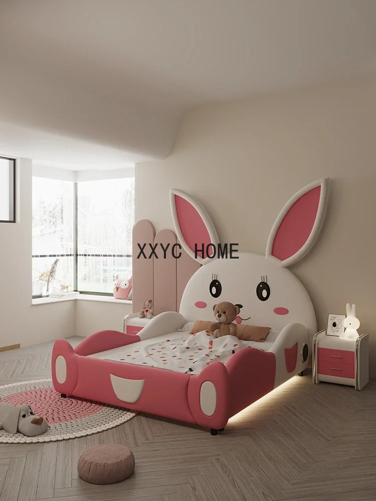 Net Red Rabbit Bed Children Leather Bed Girl Single with Protective Fence Fall Protection