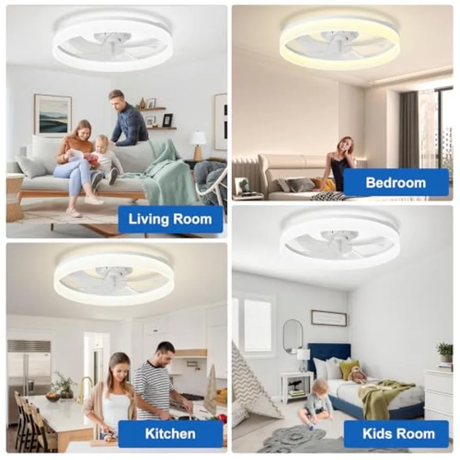 Bedroom and living room ceiling fan with lights: 20 flush mount low profile white bladeless fandelier, dimmable LED, quiet DC m