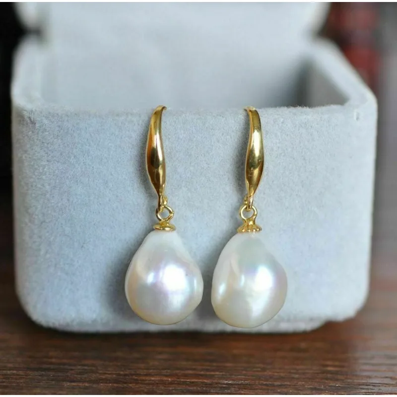 Genuine AAAA+ 12-10mm Akoya White Baroque Natural Pearl Earrings 14K Gold -