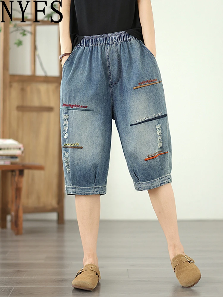 

NYFS 2025 Summer New Vintage embroidered Women's Loose plus Size Jeans Elastic Waist Knee Length Denim Shorts Trousers