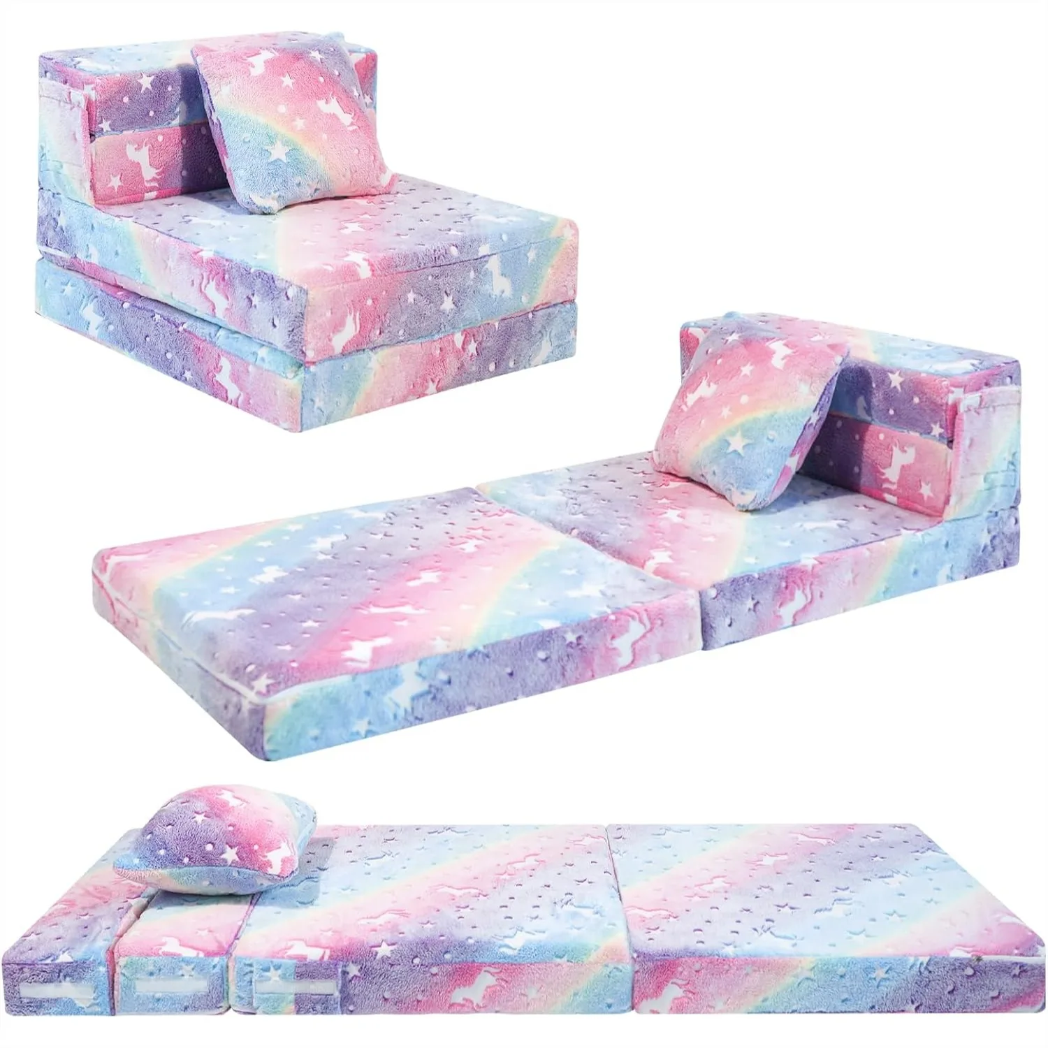 

Glow Unicorn Tri-fold Sofa Bed for Kids, Foldable Futon Mattress Chair Floor Couch for Playroom